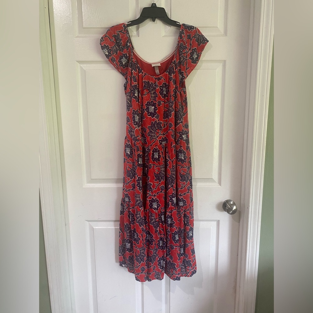 Knox Rose Tiered Midi Dress Sz S Floral Red & Blue Boho Pockets Flutter Sleeve